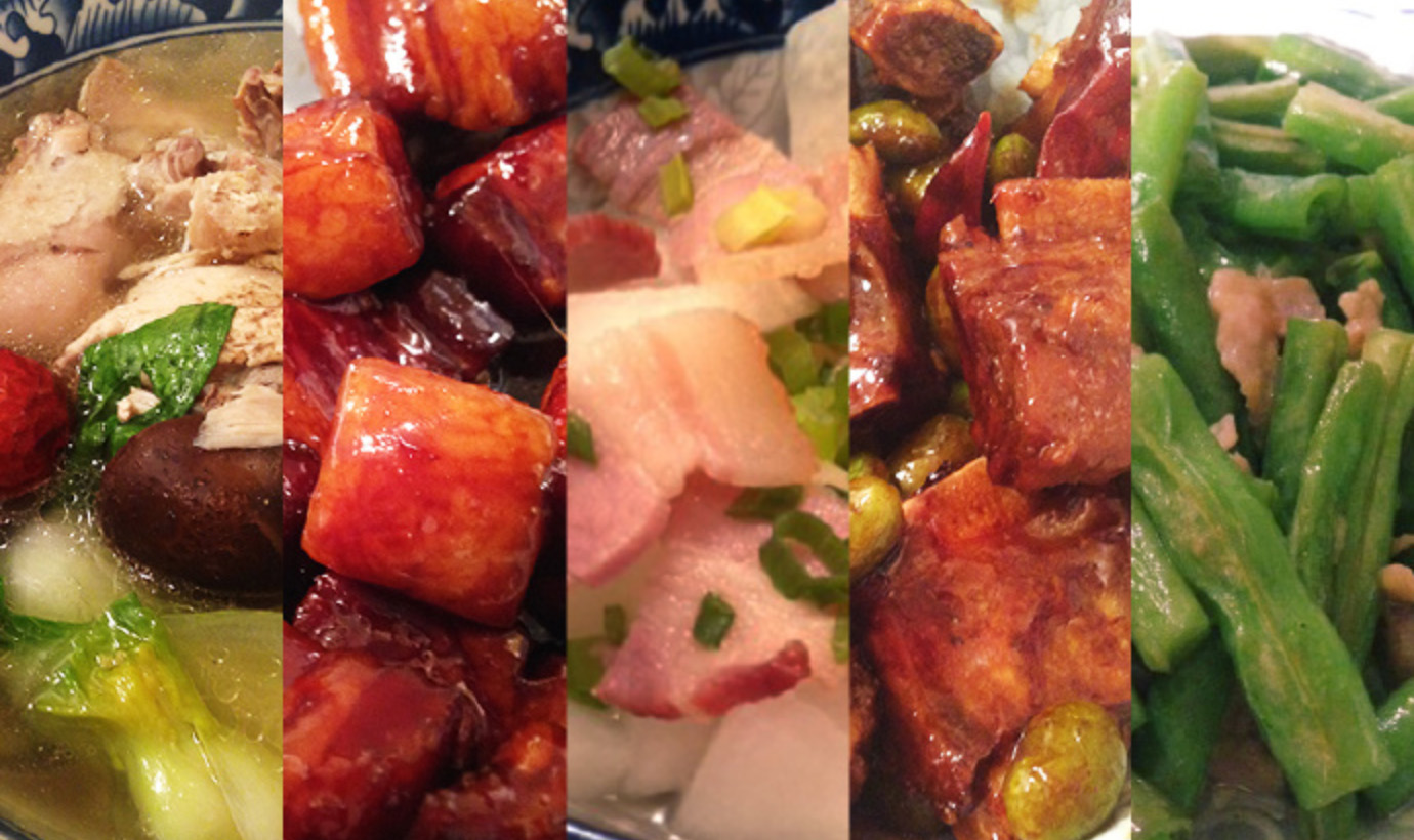 左起：鸡汤|红烧肉|咸肉冬瓜|毛豆仔排|四季豆